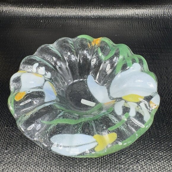 Sydenstricker Fused Art Glass Bowl Ruffled Edges Flower Pattern Original Sticker - Picture 12 of 14